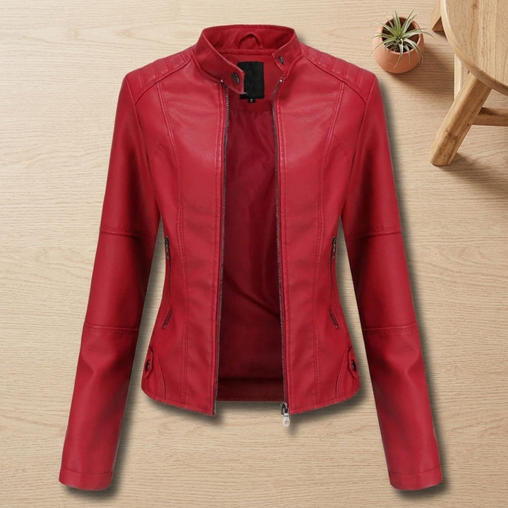 Women's Fitted Faux Leather Moto Jacket Mock Neck Zipper - Red