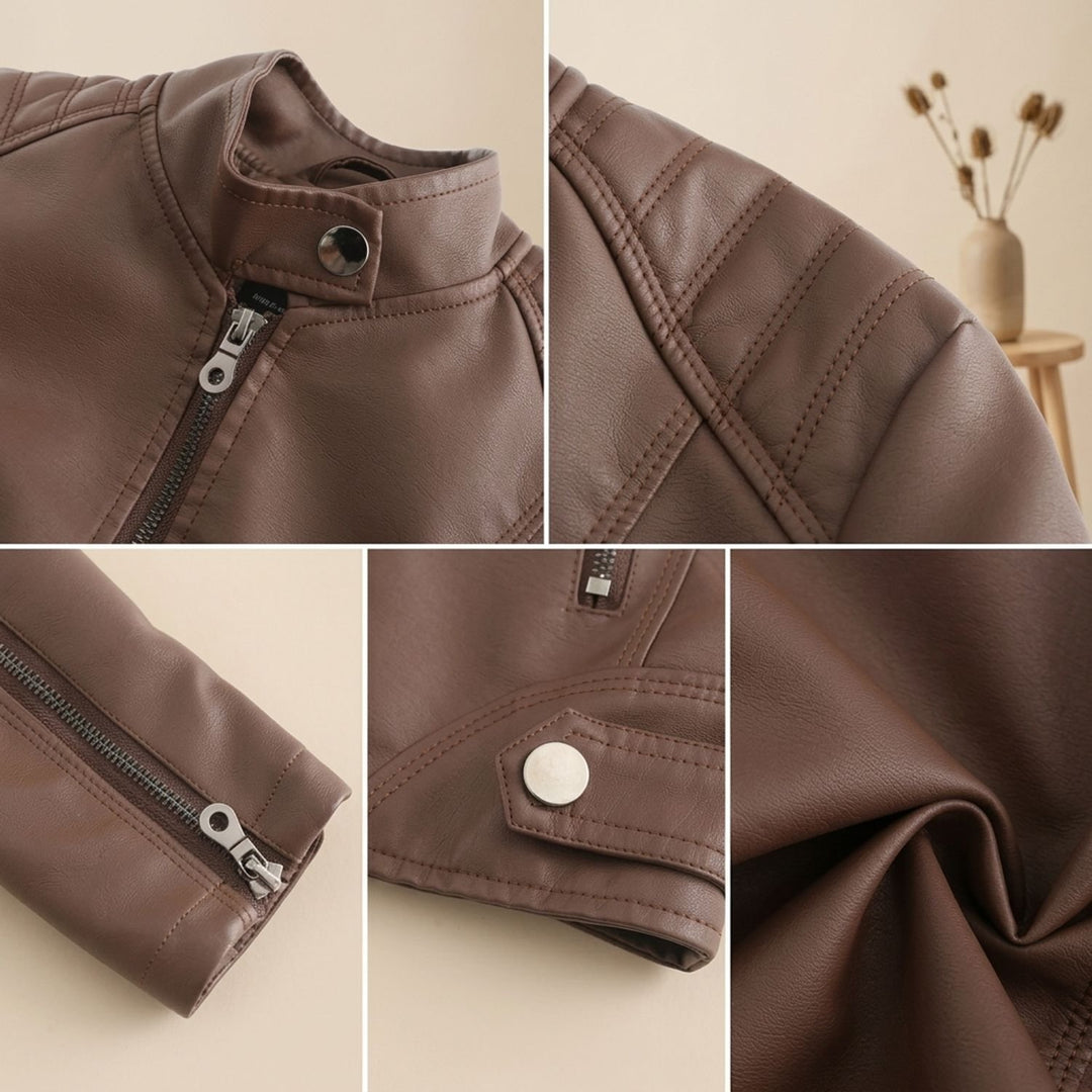 Women's Fitted Faux Leather Moto Jacket Mock Neck Zipper
