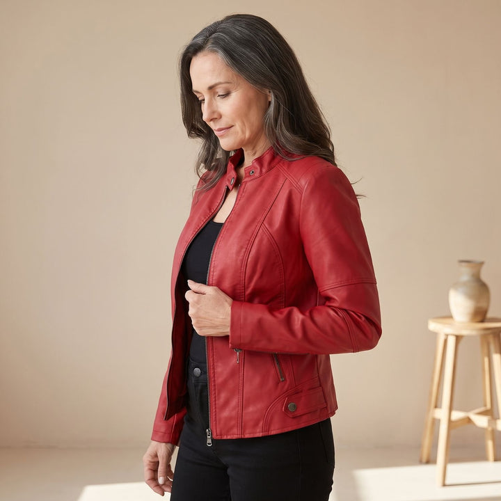 Women's Fitted Faux Leather Moto Jacket Mock Neck Zipper