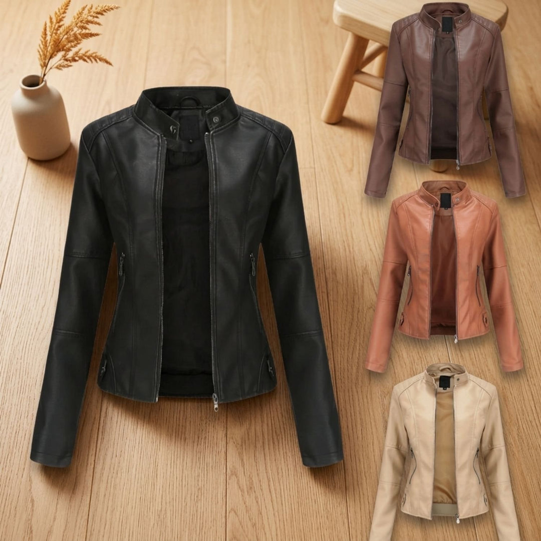 Women's Fitted Faux Leather Moto Jacket Mock Neck Zipper