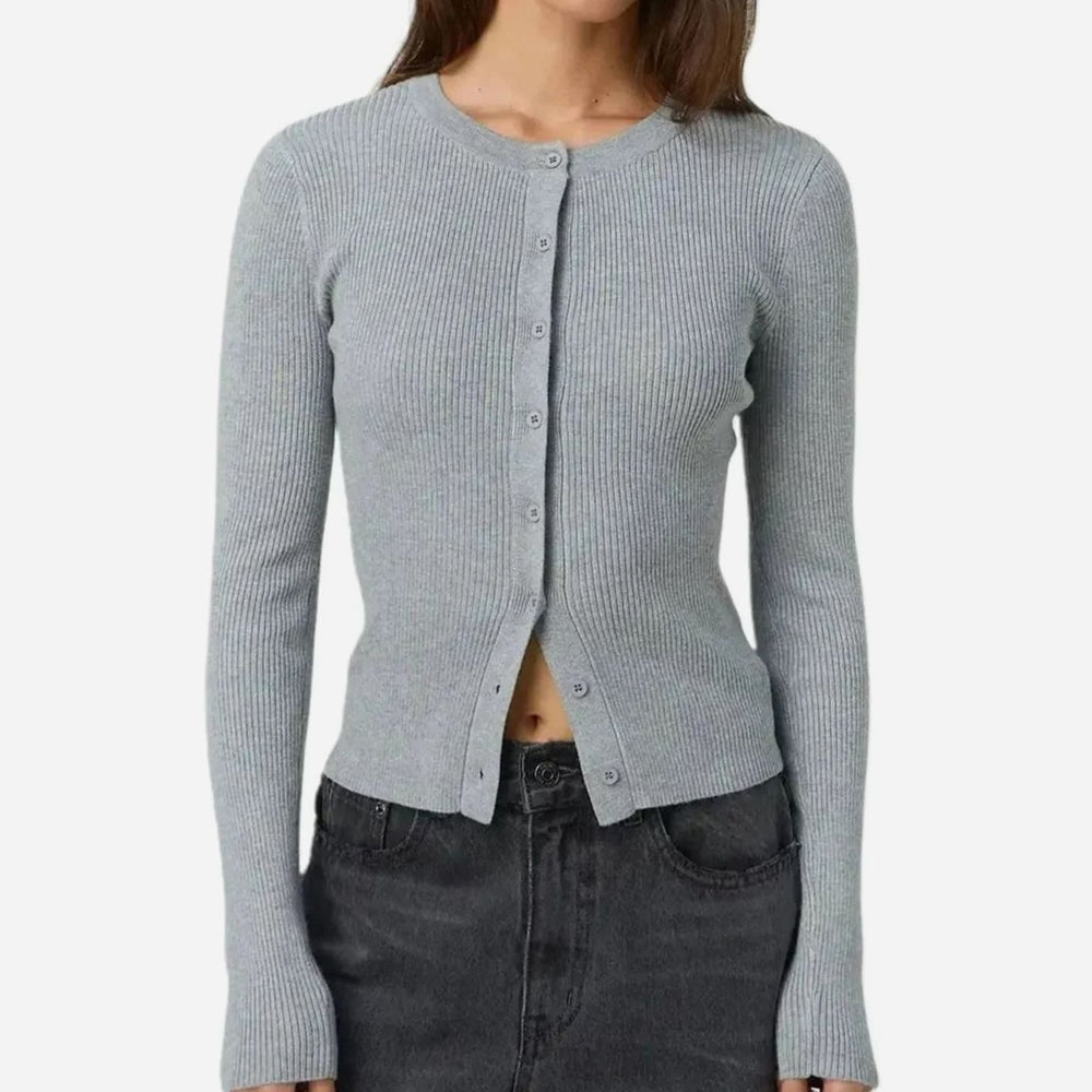 Women's Fitted Ribbed Cropped Cardigan Long Sleeves - Gray