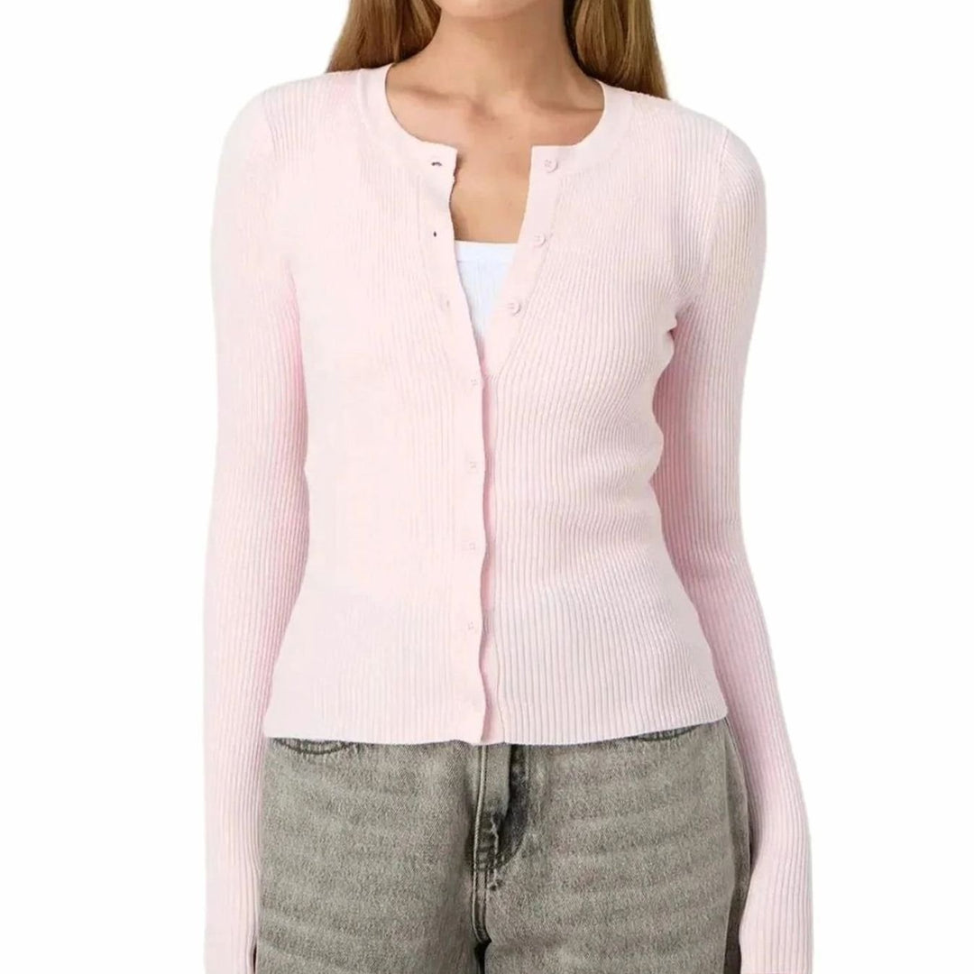 Women's Fitted Ribbed Cropped Cardigan Long Sleeves - Pink