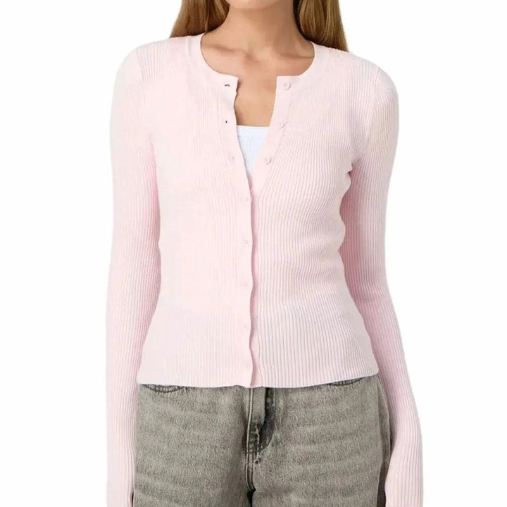 Women's Fitted Ribbed Cropped Cardigan Long Sleeves - Pink