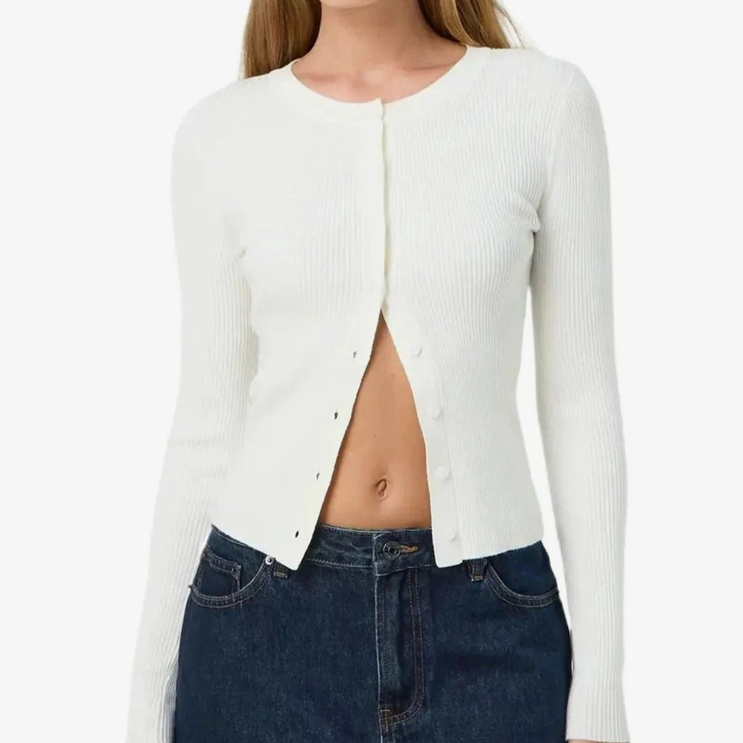 Women's Fitted Ribbed Cropped Cardigan Long Sleeves - White