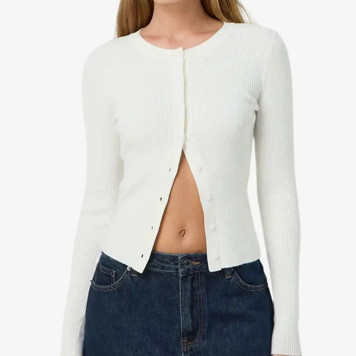 Women's Fitted Ribbed Cropped Cardigan Long Sleeves - White