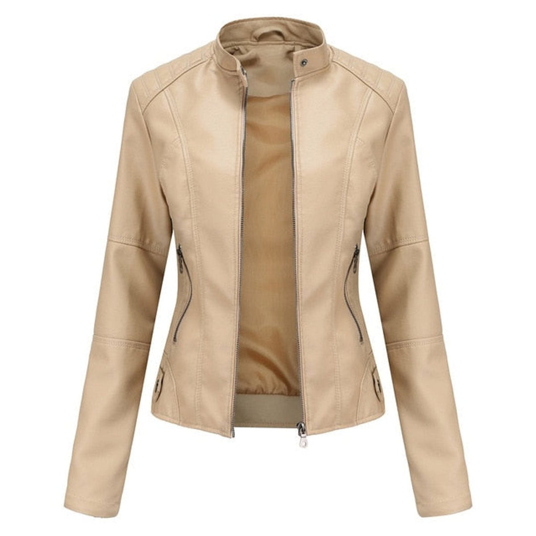 Women's Fitted Zip-Up Faux Leather Moto Jacket - Beige