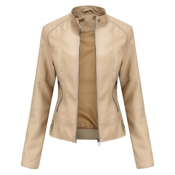 Women's Fitted Zip-Up Faux Leather Moto Jacket - Beige
