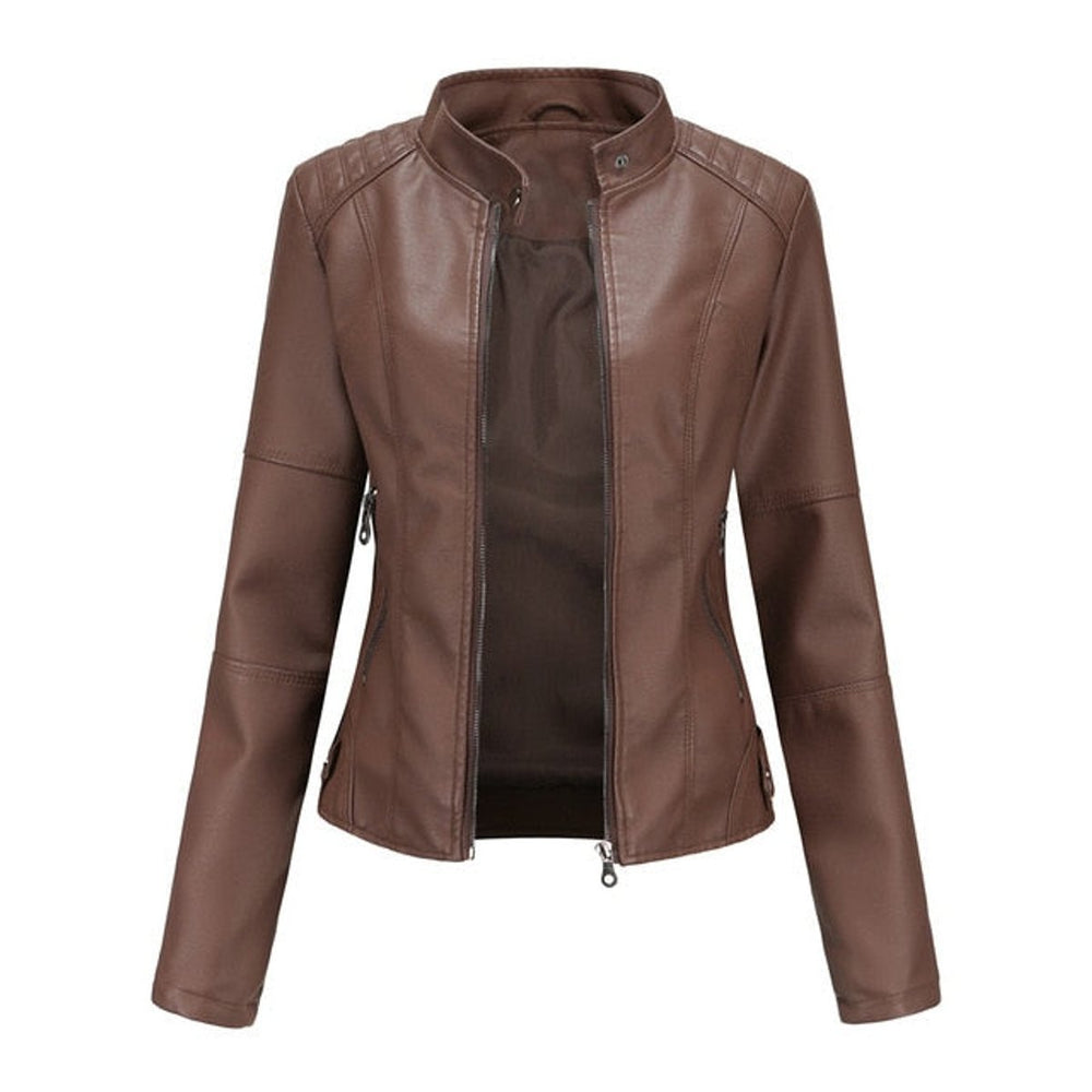 Women's Fitted Zip-Up Faux Leather Moto Jacket - Brown