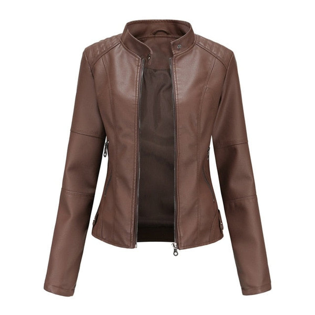 Women's Fitted Zip-Up Faux Leather Moto Jacket - Brown