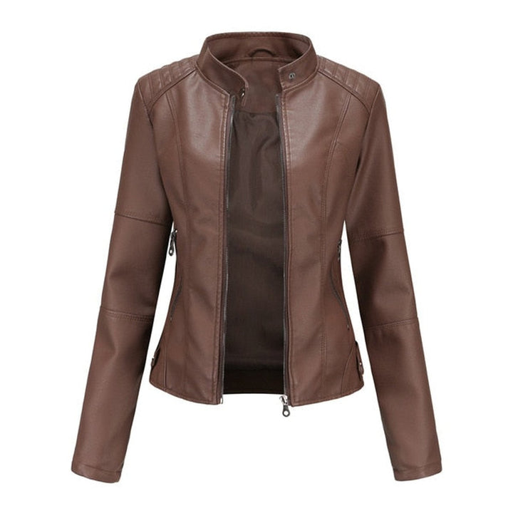 Women's Fitted Zip-Up Faux Leather Moto Jacket - Brown