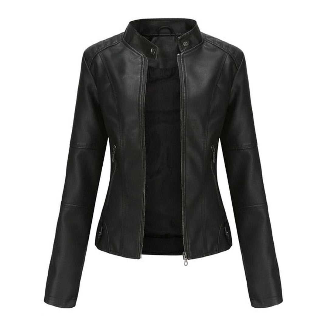 Women's Fitted Zip-Up Faux Leather Moto Jacket - Black