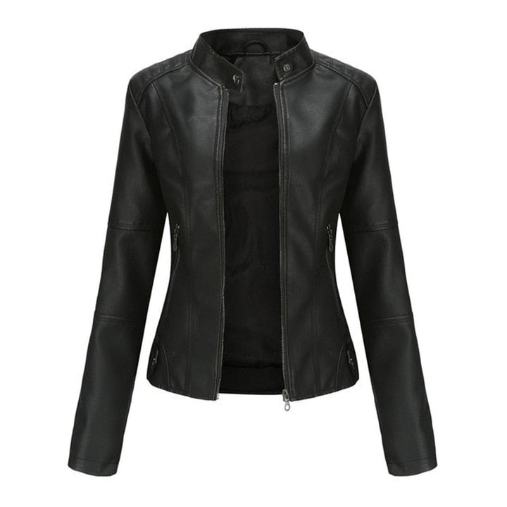 Women's Fitted Zip-Up Faux Leather Moto Jacket - Black
