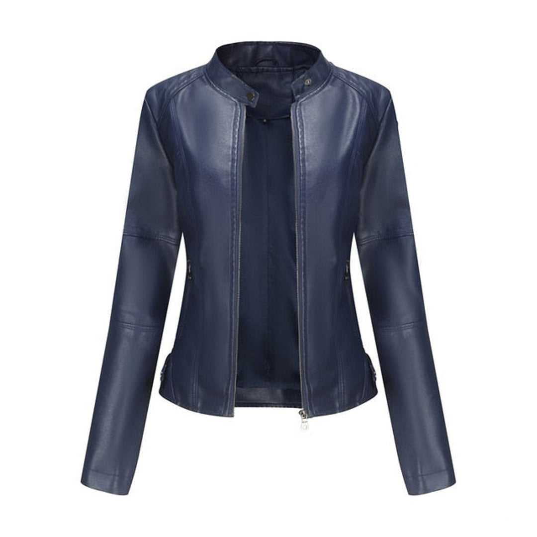 Women's Fitted Zip-Up Faux Leather Moto Jacket - Blue