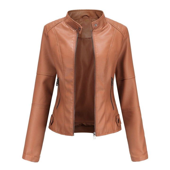 Women's Fitted Zip-Up Faux Leather Moto Jacket - Red Brown
