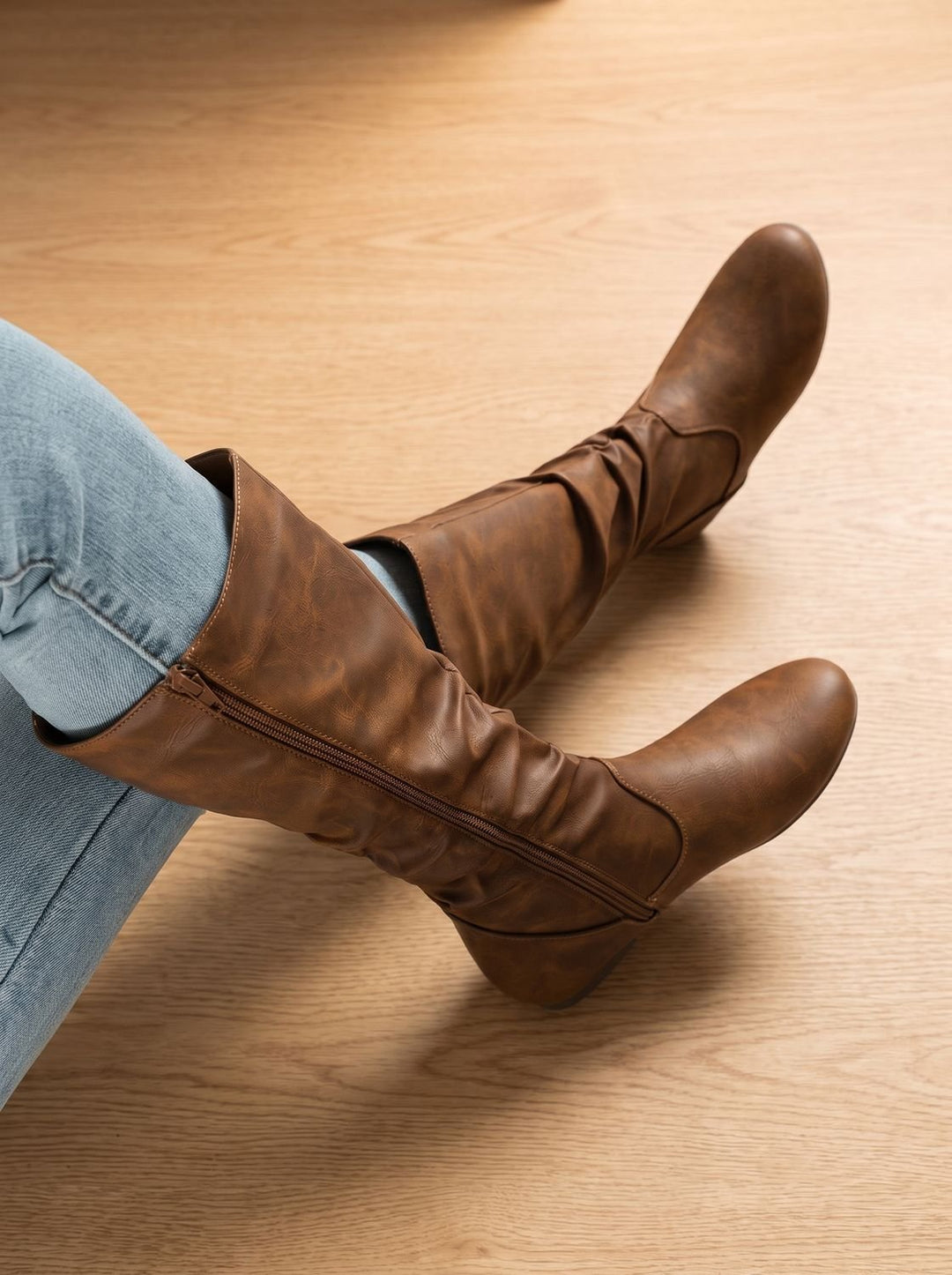 Women's Flat Heel Slouchy Knee High Boots Side Zipper