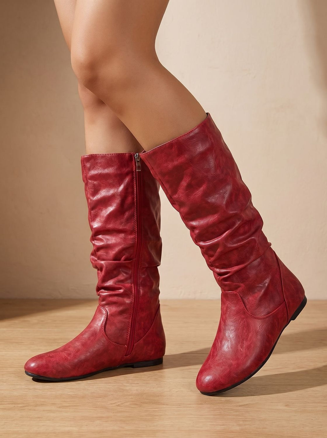 Women's Flat Heel Slouchy Knee High Boots Side Zipper