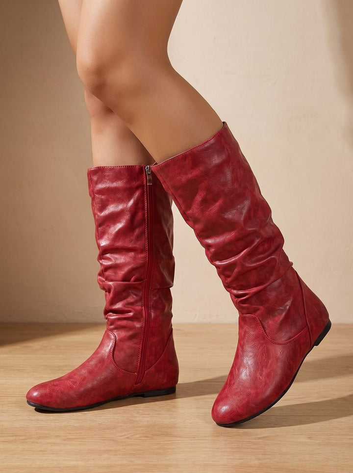 Women's Flat Heel Slouchy Knee High Boots Side Zipper