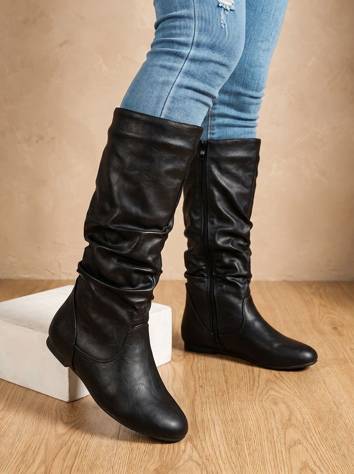 Women's Flat Heel Slouchy Knee High Boots Side Zipper - Black