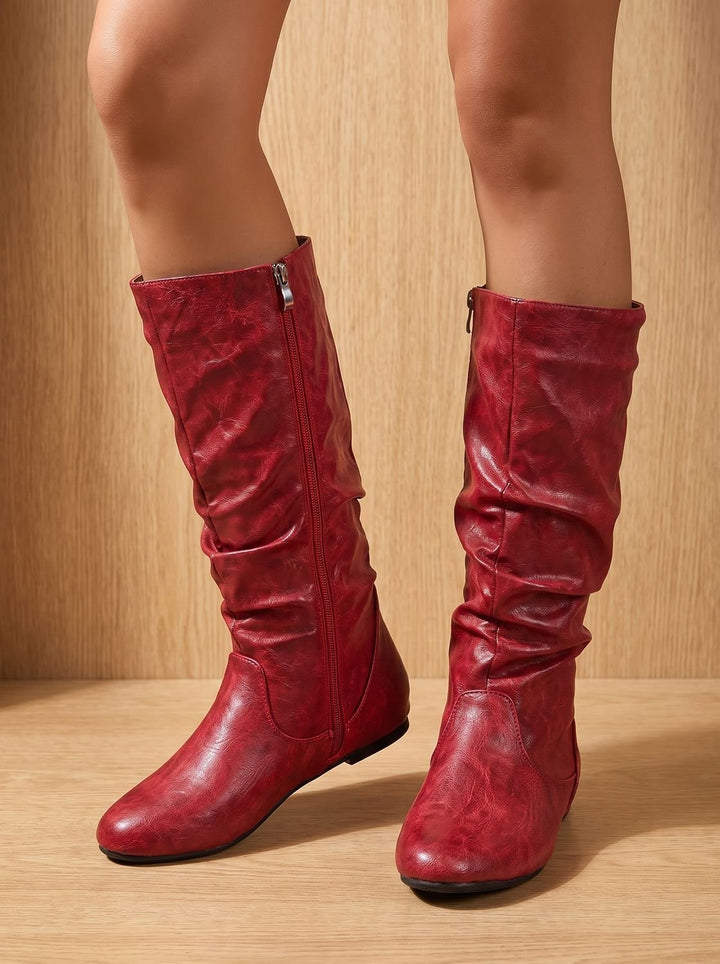 Women's Flat Heel Slouchy Knee High Boots Side Zipper