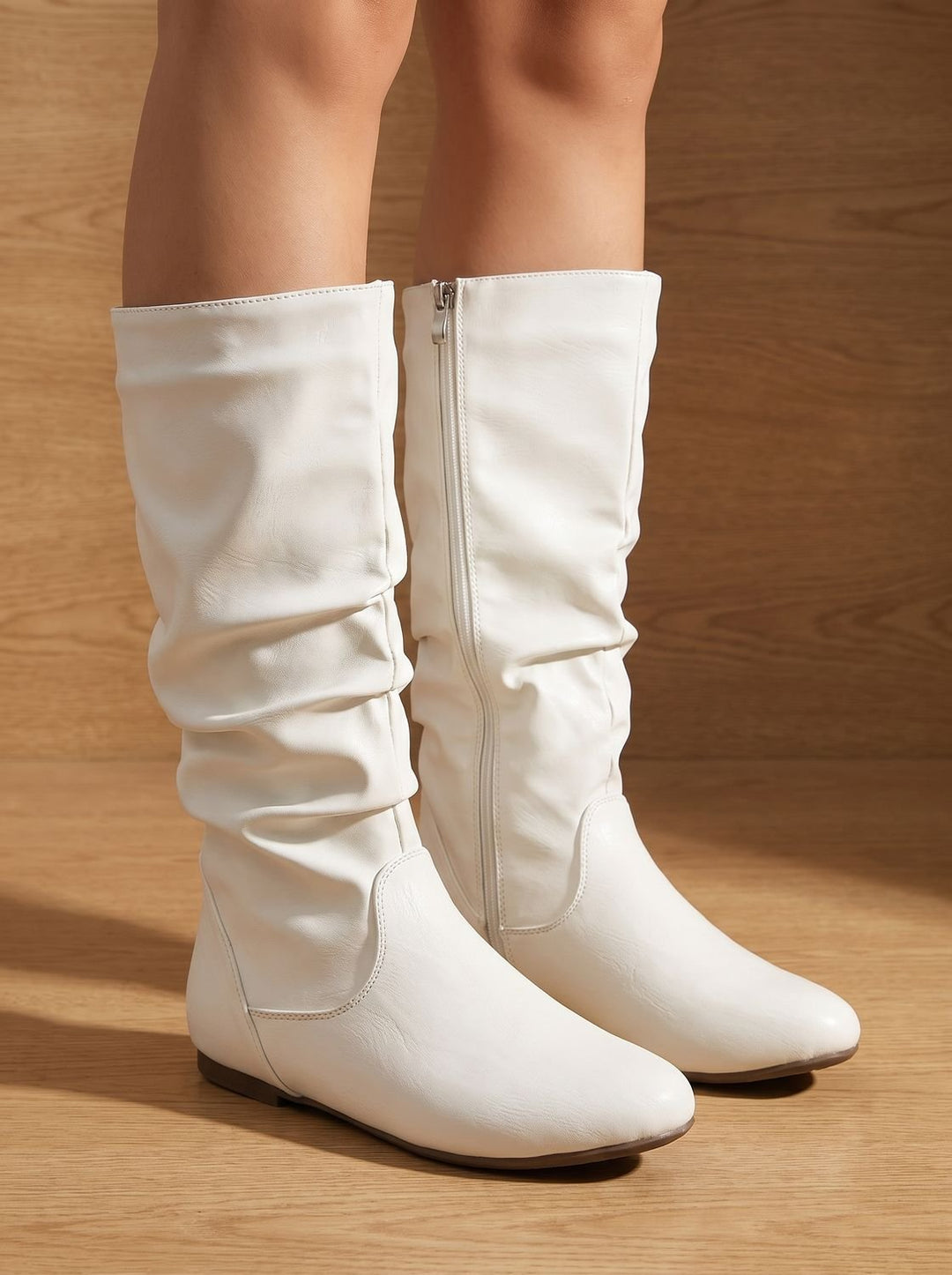 Women's Flat Heel Slouchy Knee High Boots Side Zipper