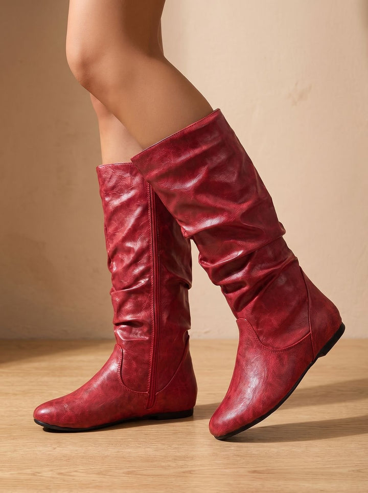 Women's Flat Heel Slouchy Knee High Boots Side Zipper