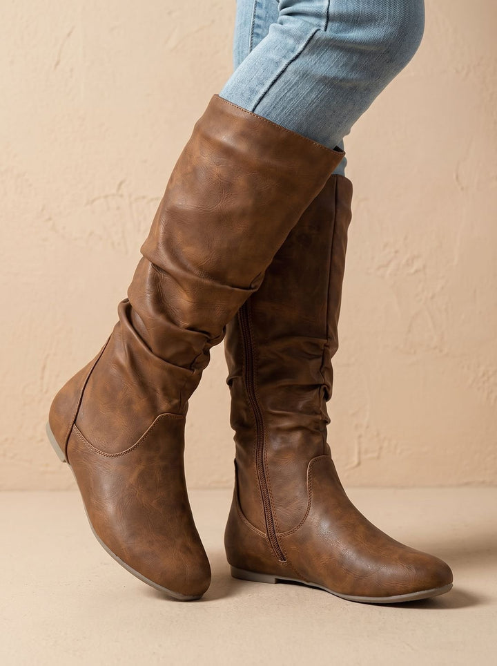 Women's Flat Heel Slouchy Knee High Boots Side Zipper