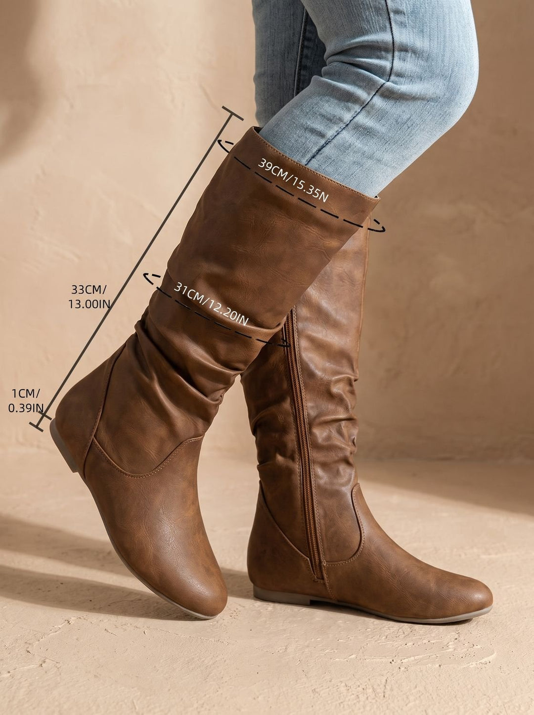 Women's Flat Heel Slouchy Knee High Boots Side Zipper