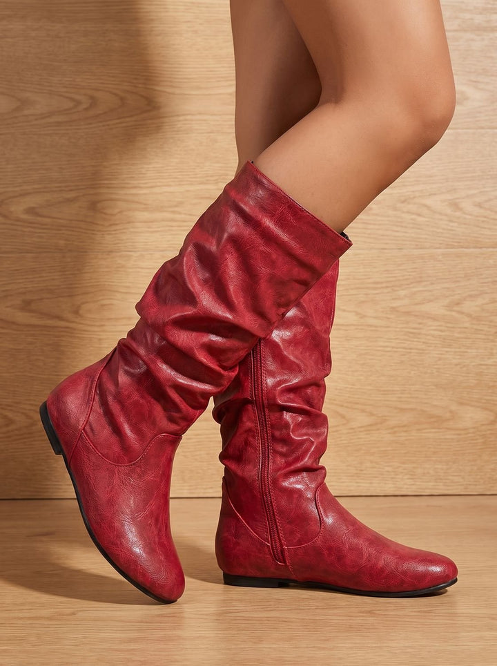 Women's Flat Heel Slouchy Knee High Boots Side Zipper