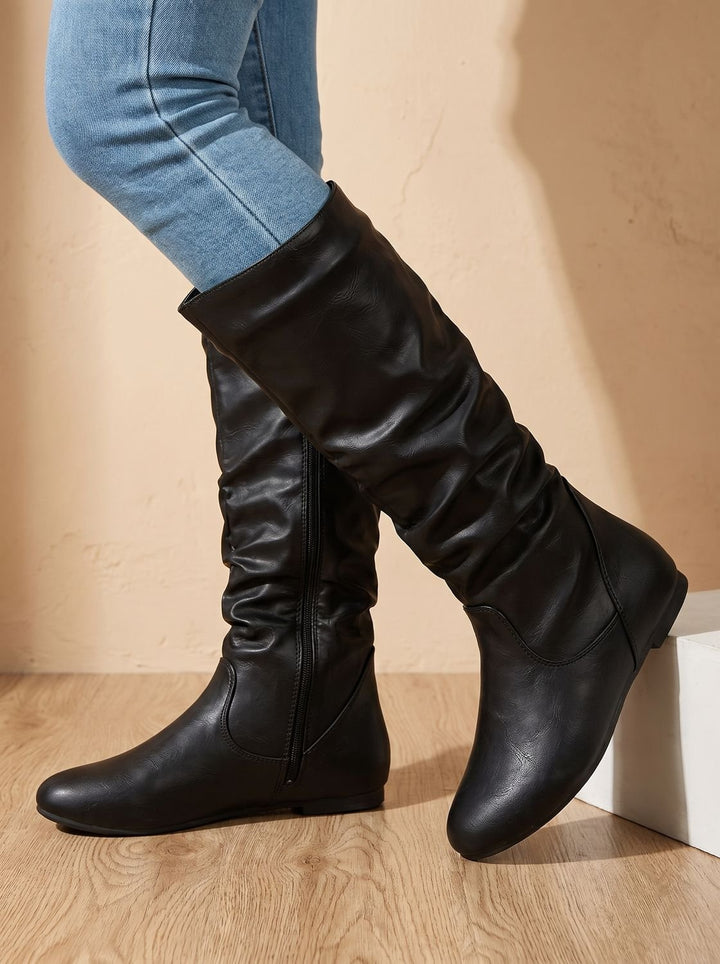 Women's Flat Heel Slouchy Knee High Boots Side Zipper