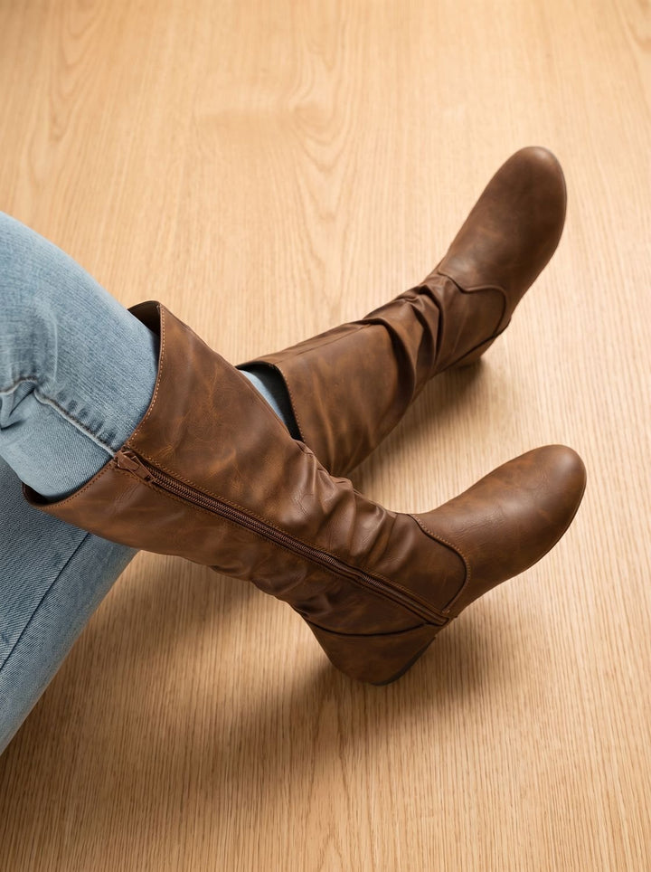 Women's Flat Knee High Boots Round-Toe Side-Zip Gathered Shaft, Brown