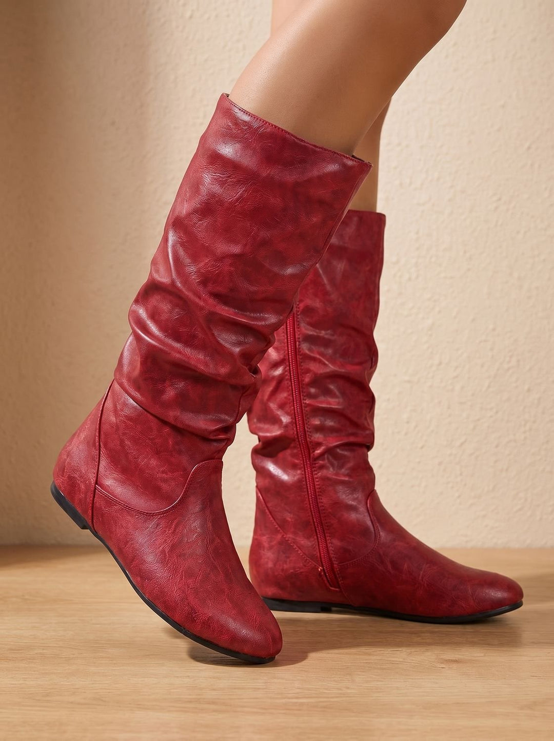 Women's Flat Knee High Boots Round-Toe Side-Zip Gathered Shaft, Brown