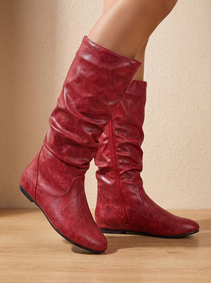 Women's Flat Knee High Boots Round-Toe Side-Zip Gathered Shaft, Brown