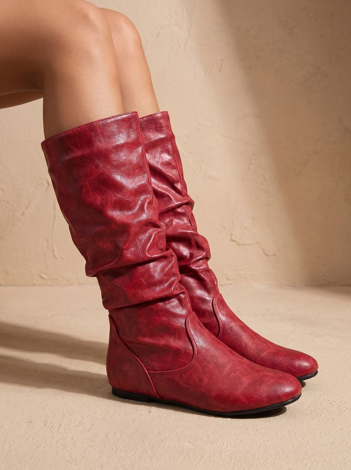 Women's Flat Knee High Boots Round-Toe Side-Zip Gathered Shaft, Brown