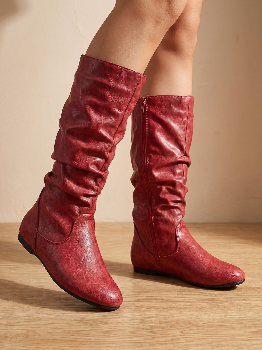 Women's Flat Knee High Boots Round-Toe Side-Zip Gathered Shaft, Brown - Red