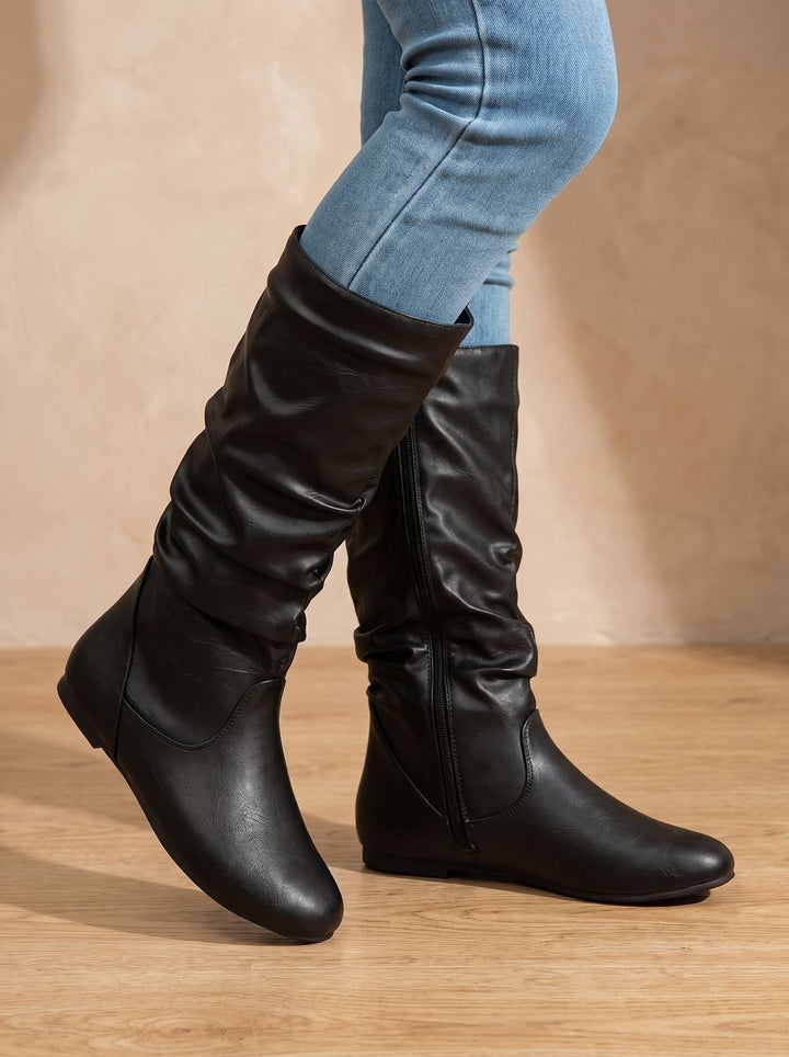 Women's Flat Knee High Boots Round-Toe Side-Zip Gathered Shaft, Brown