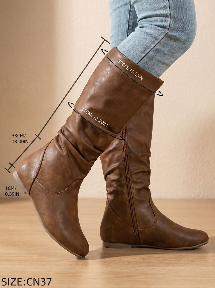 Women's Flat Knee High Boots Round-Toe Side-Zip Gathered Shaft, Brown