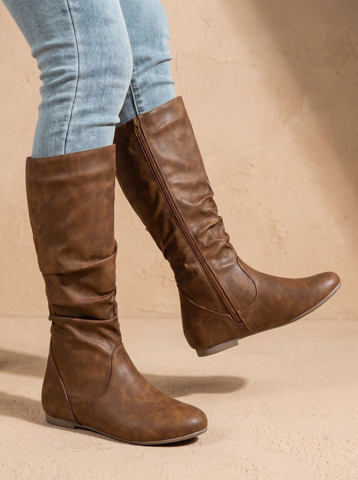 Women's Flat Knee High Boots Round-Toe Side-Zip Gathered Shaft, Brown - Light Brown