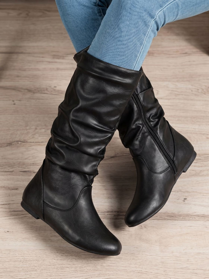 Women's Flat Knee High Boots Round-Toe Side-Zip Gathered Shaft, Brown