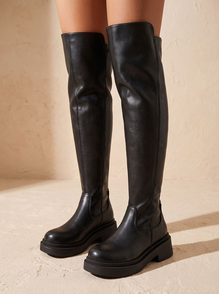Women's Flat Over-the-Knee Side-Zip Stretch Back Boots - Black
