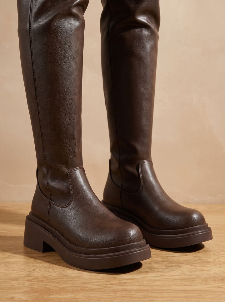 Women's Flat Over-the-Knee Side-Zip Stretch Back Boots - Brown