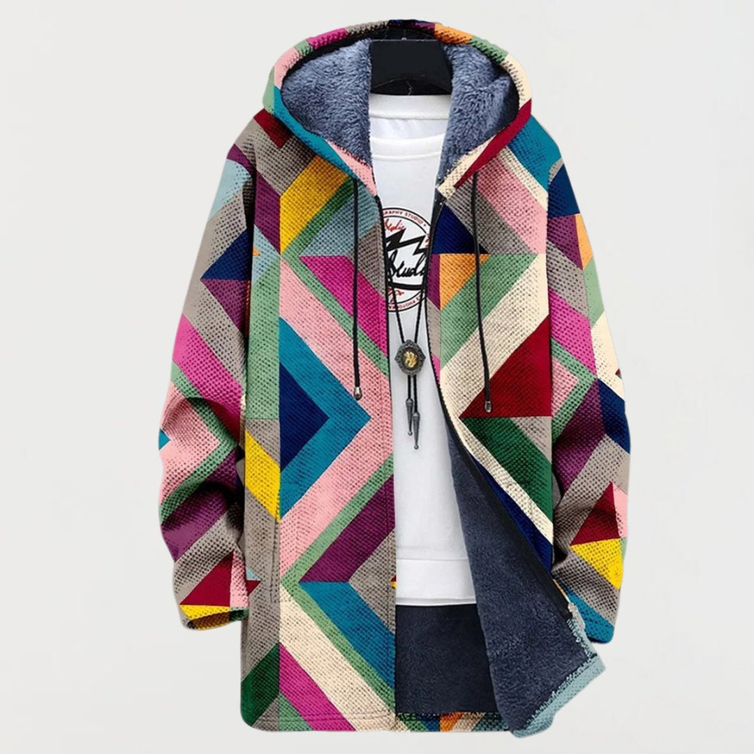 Women's Fleece-Lined Geometric Hooded Sweater Oversized Zip Cardigan - Multicolor