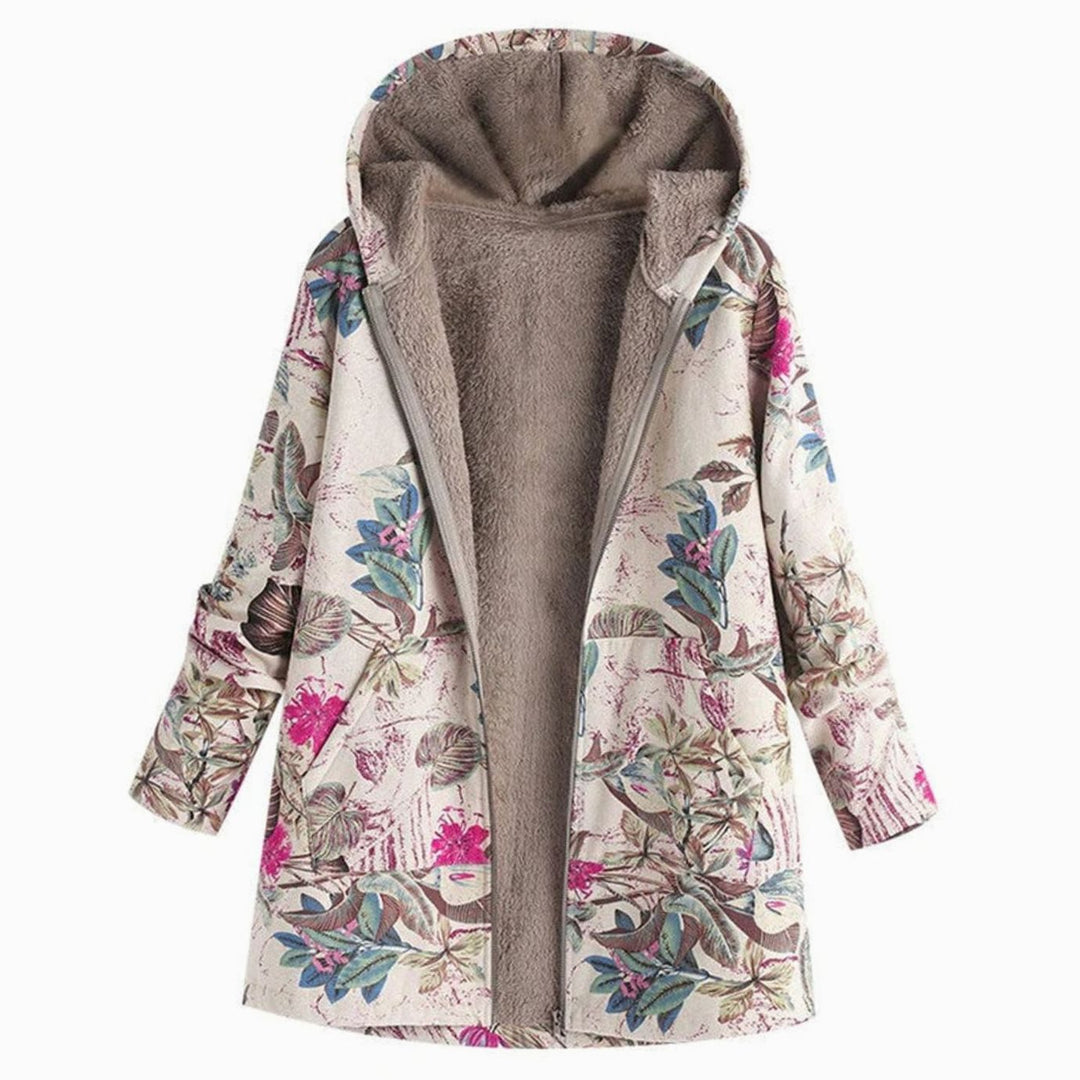 Women's Fleece-Lined Hooded Floral Coat Long-Sleeve Zip-Up Jacket - White