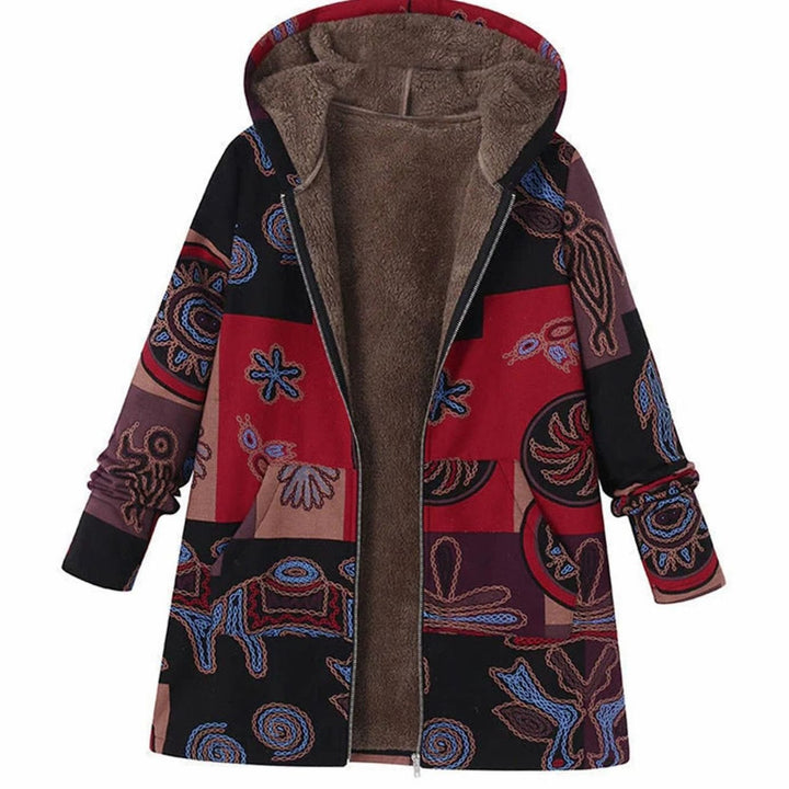 Women's Fleece-Lined Hooded Floral Coat Long-Sleeve Zip-Up Jacket - Brown