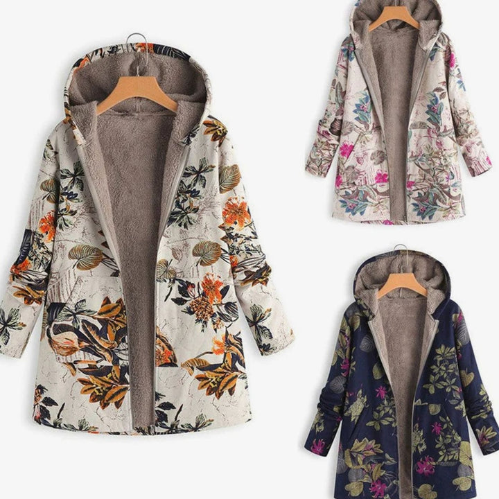Women's Fleece-Lined Hooded Floral Coat Long-Sleeve Zip-Up Jacket