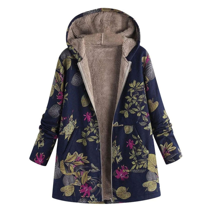 Women's Fleece-Lined Hooded Floral Coat Long-Sleeve Zip-Up Jacket - Blue