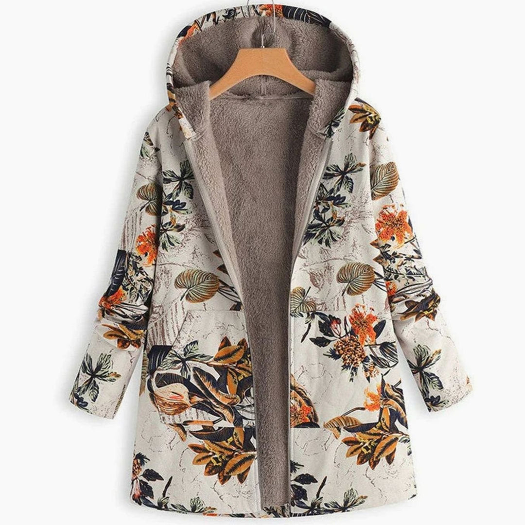 Women's Fleece-Lined Hooded Floral Coat Long-Sleeve Zip-Up Jacket - Beige