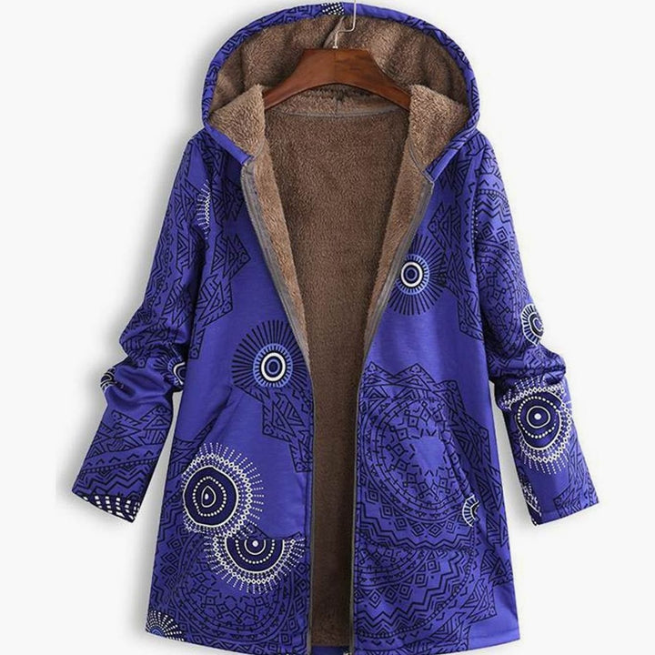 Women's Fleece-Lined Hooded Floral Coat Long-Sleeve Zip-Up Jacket - Purple