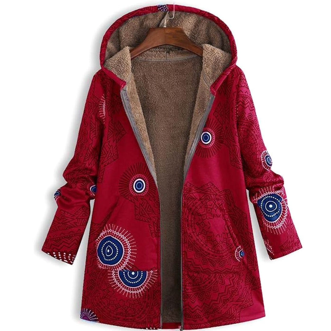 Women's Fleece-Lined Hooded Floral Coat Long-Sleeve Zip-Up Jacket - Red