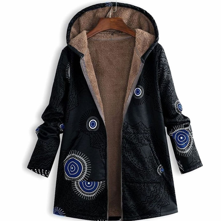 Women's Fleece-Lined Hooded Floral Coat Long-Sleeve Zip-Up Jacket - Black