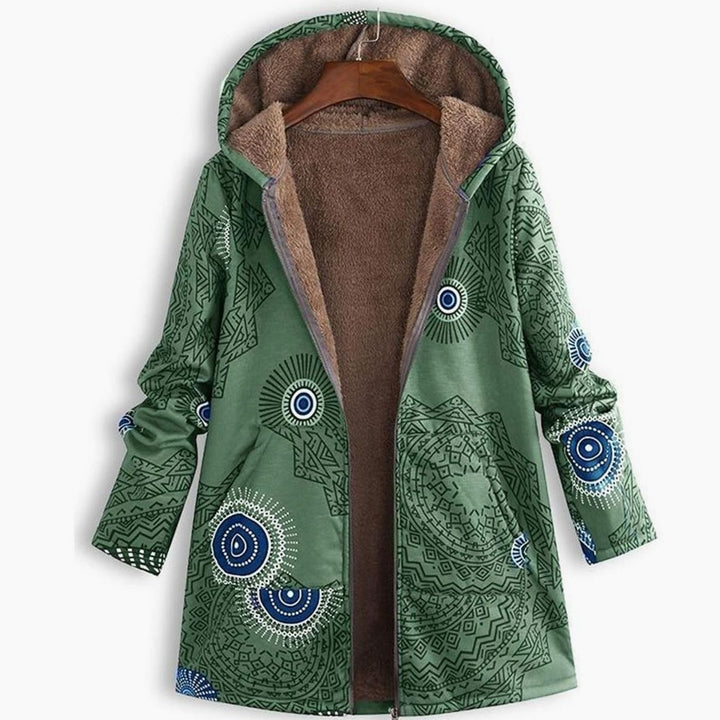 Women's Fleece-Lined Hooded Floral Coat Long-Sleeve Zip-Up Jacket - Green